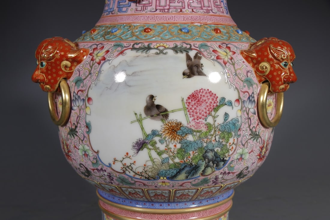 A Exquisite Enamel Lotus Pattern Flower and Bird Pattern Vase - 6