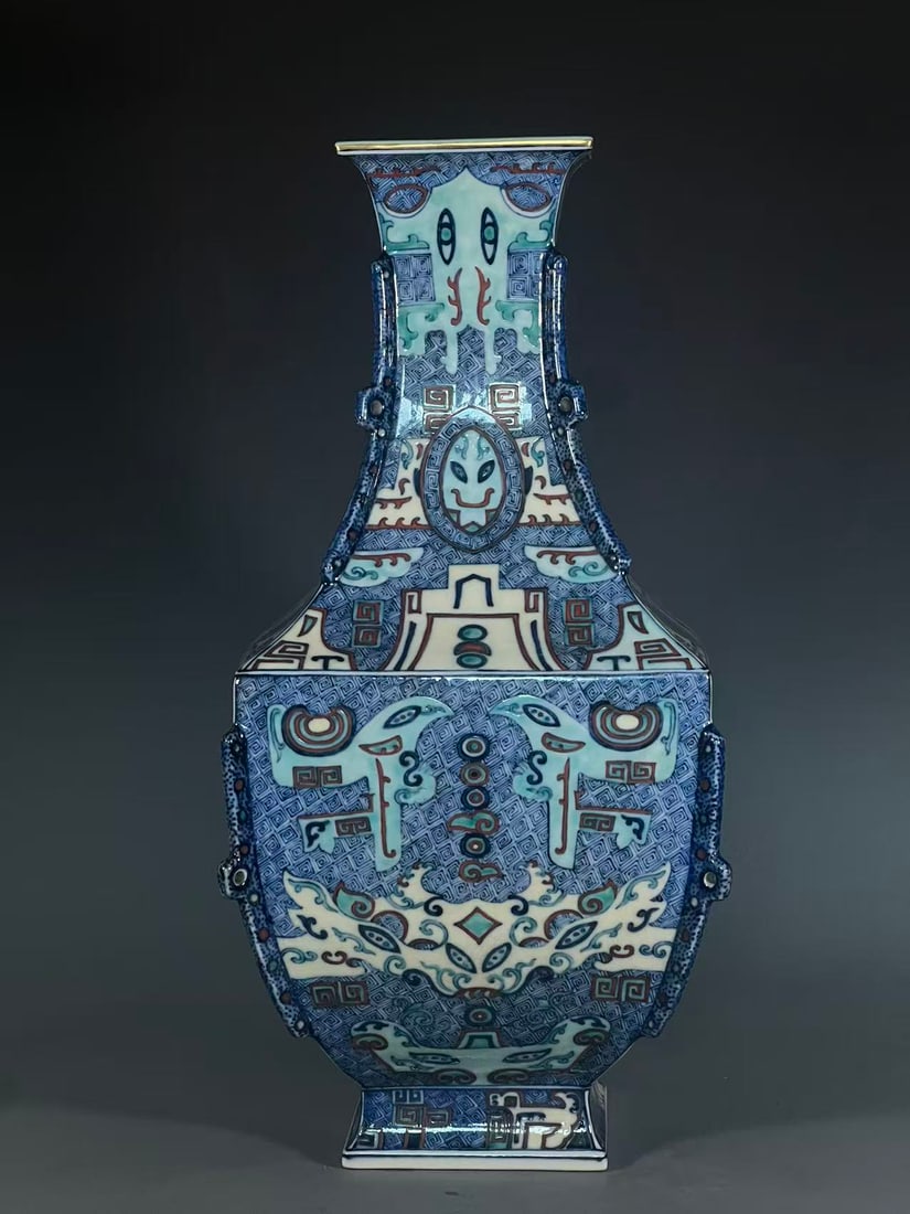 A Exquisite Blue and White Beast-Face Pattern Vase: A Exquisite Blue and White Beast-Face Pattern Vase,Qing Dynasty, China,Qianlong Six-character Mark,Size:17.4inx5.8inx8.3in