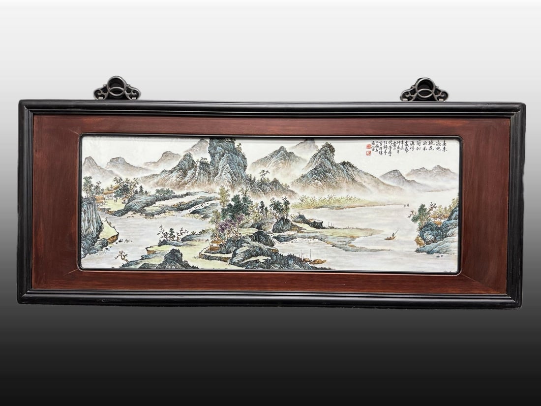 A Exquisite Famille-Rose Landscape Pattern Porcelain Plate: A Exquisite Famille-Rose Landscape Pattern Porcelain Plate,Republic of China,Size:15.7inx39in 粉彩山水纹瓷板画,民国