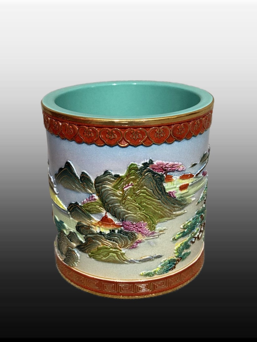 A Exquisite Famille-Rose Landscape Pattern Brush Pot: A Exquisite Famille-Rose Landscape Pattern Brush Pot,Qing Dynasty, China,Size:5.5inx5.5in 粉彩山水纹笔筒,中国清代