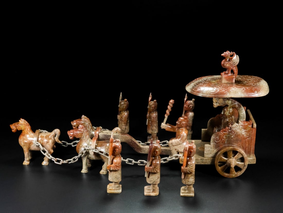 A Set of Exquisite Hotan Jade Carriage: A Set of Exquisite Hotan Jade Carriage,Han Dynasty, China,Size:31.5inx8.7inx13in,Weight:6800g 一套和田玉马车,中国汉代