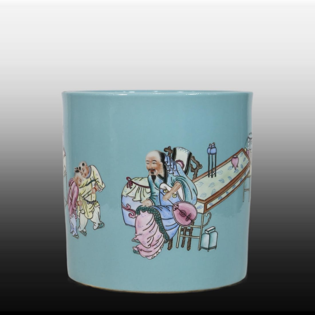 A Exquisite Famille Rose Character and Story Pattern Brush Pot: A Exquisite Famille Rose Character and Story Pattern Brush Pot,Qing Dynasty, China,Kangxi Six-character Mark,Size:7.1inx7.3in