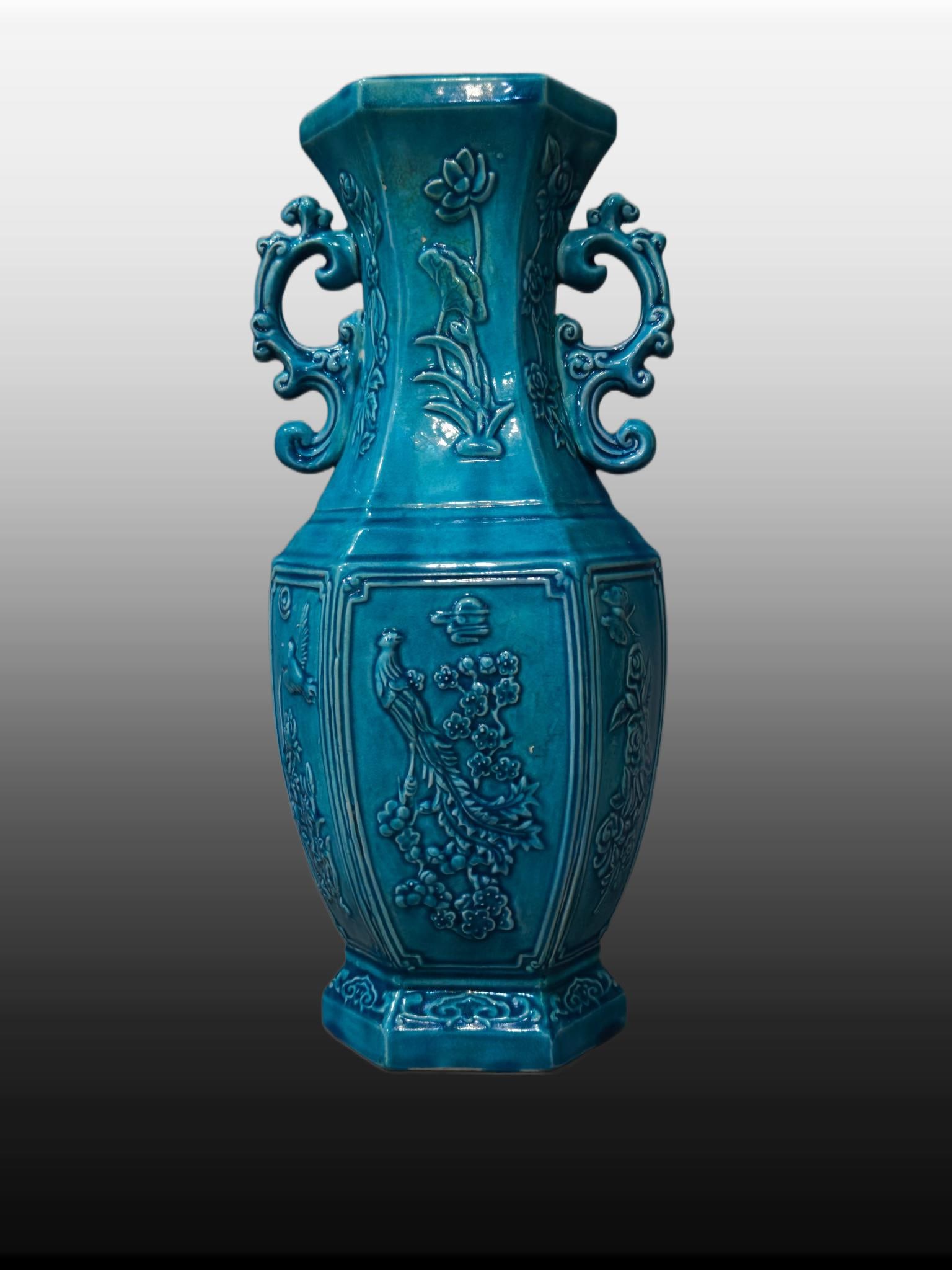 A Exquisite Peacock Blue Glazed Phoenix Pattern Double-Ears Vase: A Exquisite Peacock Blue Glazed Phoenix Pattern Double-Ears Vase,Qing Dynasty, China,Qianlong Six-character Mark,Size:11inx4.7inx3.5in