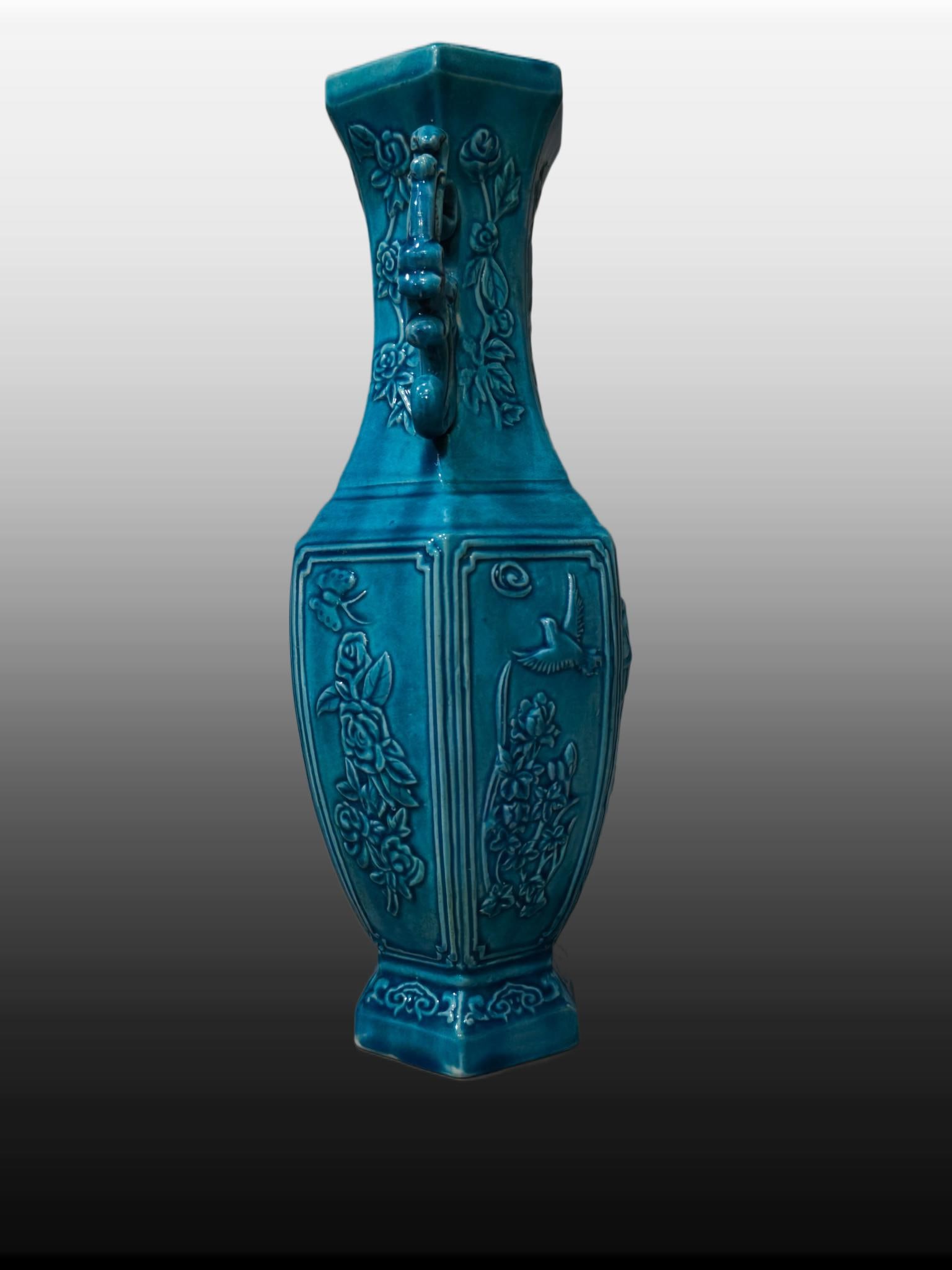 A Exquisite Peacock Blue Glazed Phoenix Pattern Double-Ears Vase - 2