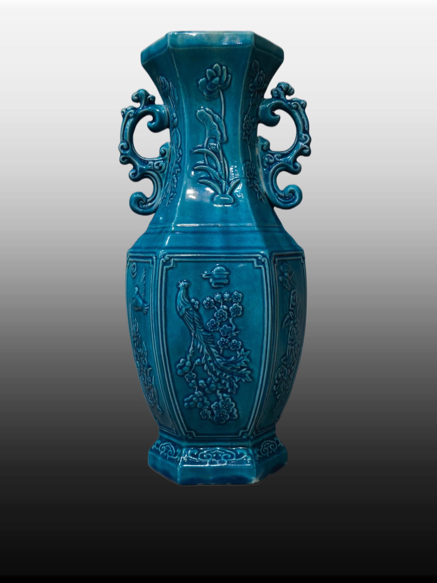 A Exquisite Peacock Blue Glazed Phoenix Pattern Double-Ears Vase - 3