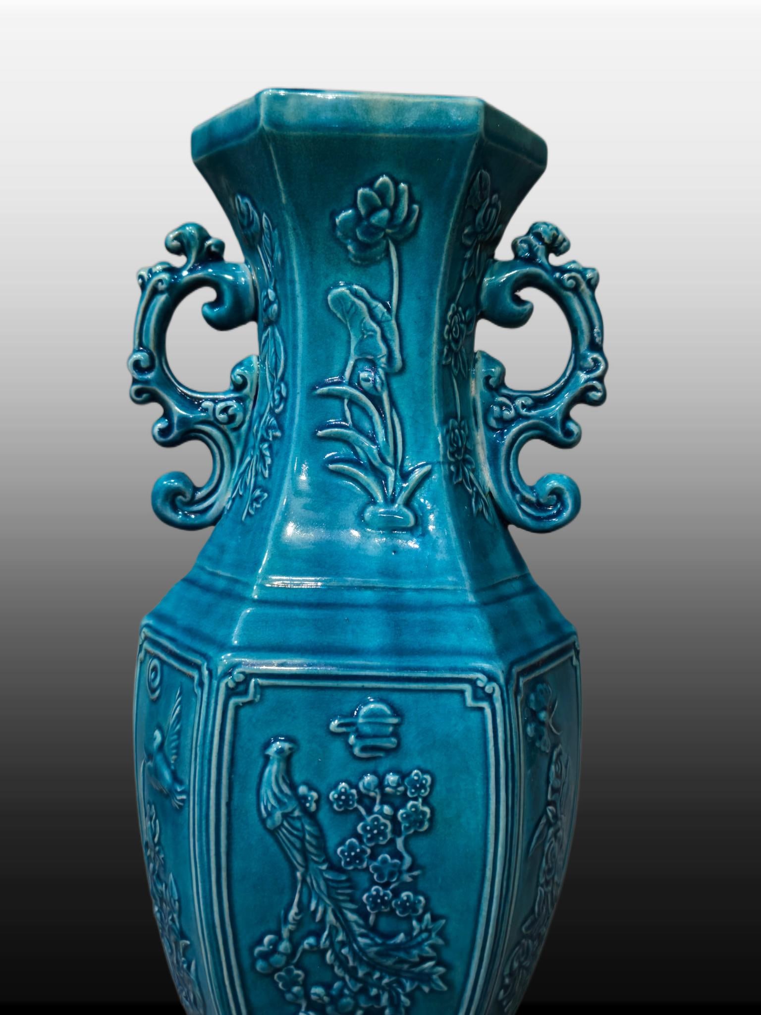 A Exquisite Peacock Blue Glazed Phoenix Pattern Double-Ears Vase - 5