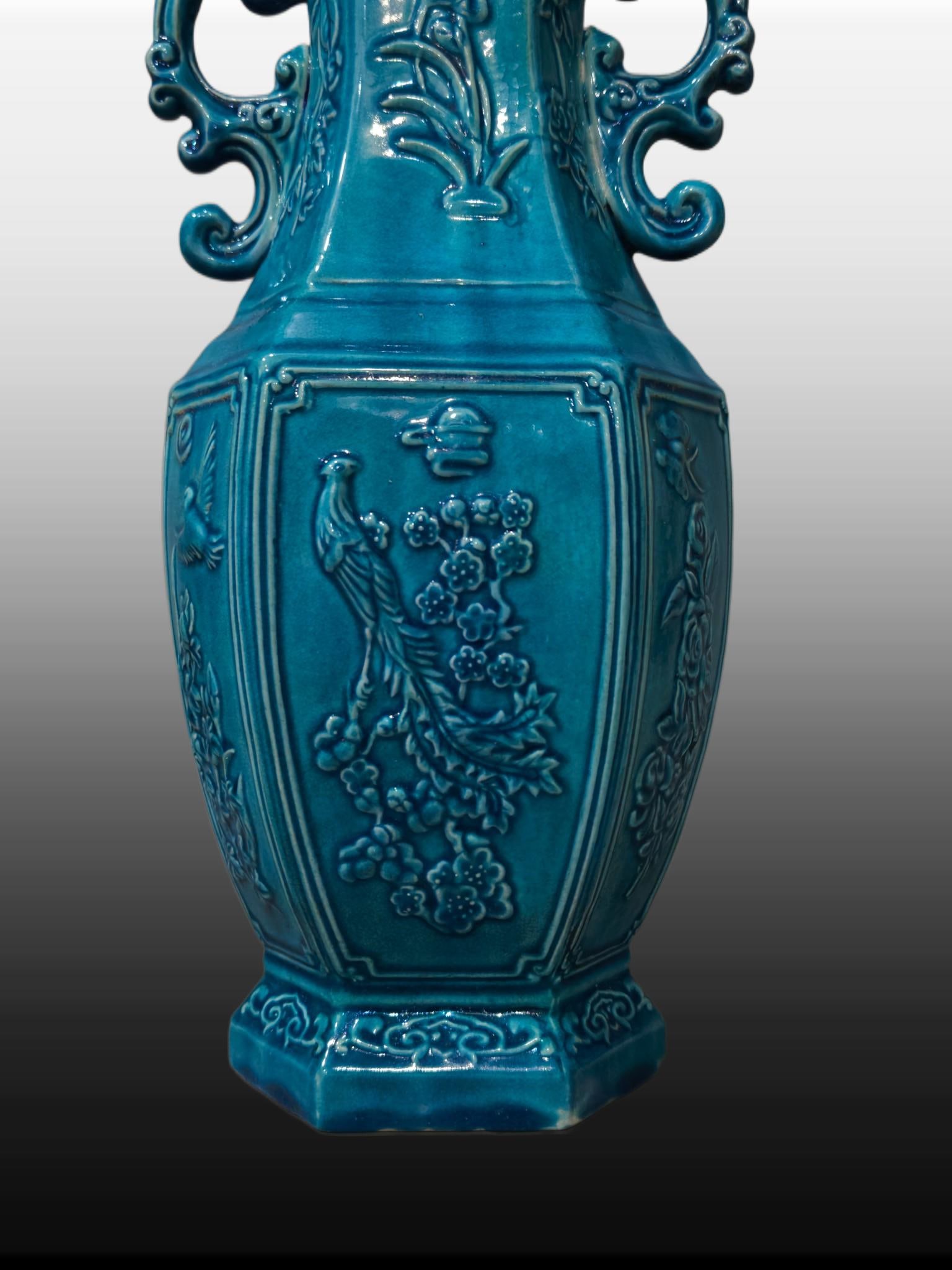 A Exquisite Peacock Blue Glazed Phoenix Pattern Double-Ears Vase - 6