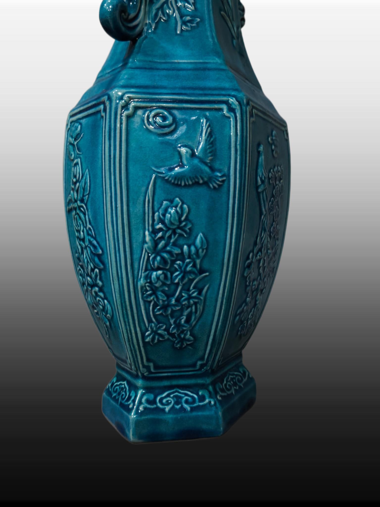 A Exquisite Peacock Blue Glazed Phoenix Pattern Double-Ears Vase - 7
