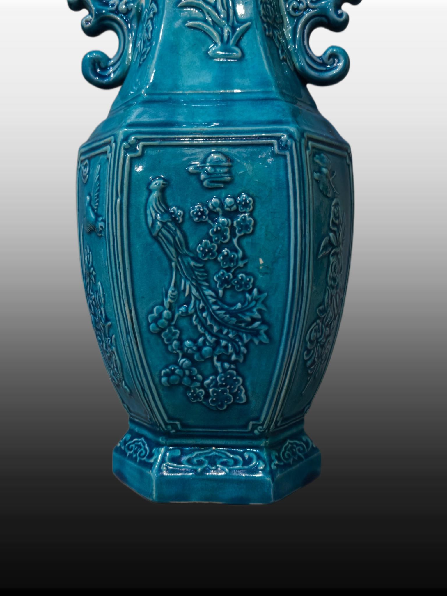 A Exquisite Peacock Blue Glazed Phoenix Pattern Double-Ears Vase - 8