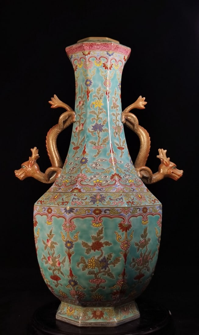 A Exquisite Green Ground Painted Gold Flower Pattern Dragon-Ears Vase: A Exquisite Green Ground Painted Gold Flower Pattern Dragon-Ears Vase,Qing Dynasty, China,Qianlong Four-character Mark,Size:20.1inx11.8in