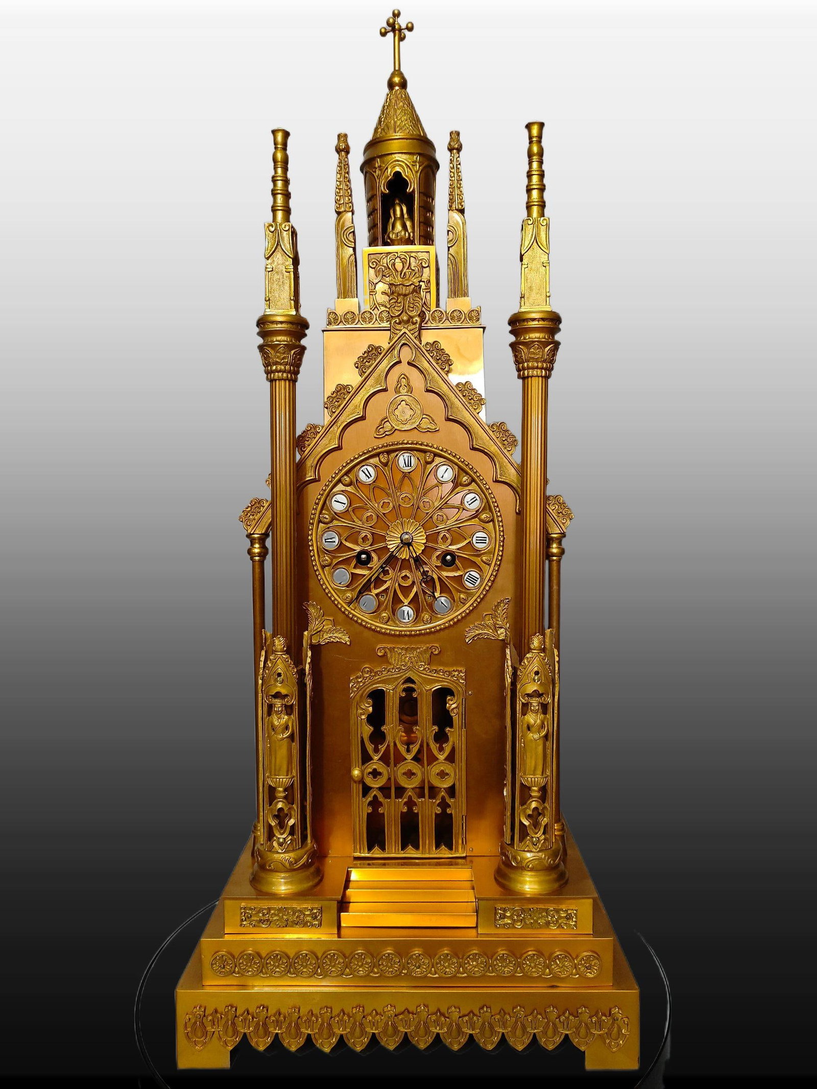 A Exquisite Gilt Bronze Church Shaped Mantel Clock: A Exquisite Gilt Bronze Church Shaped Mantel Clock,Modern Time of China,Size:13inx10.2inx32.7in 铜鎏金教堂形状座钟,近现代