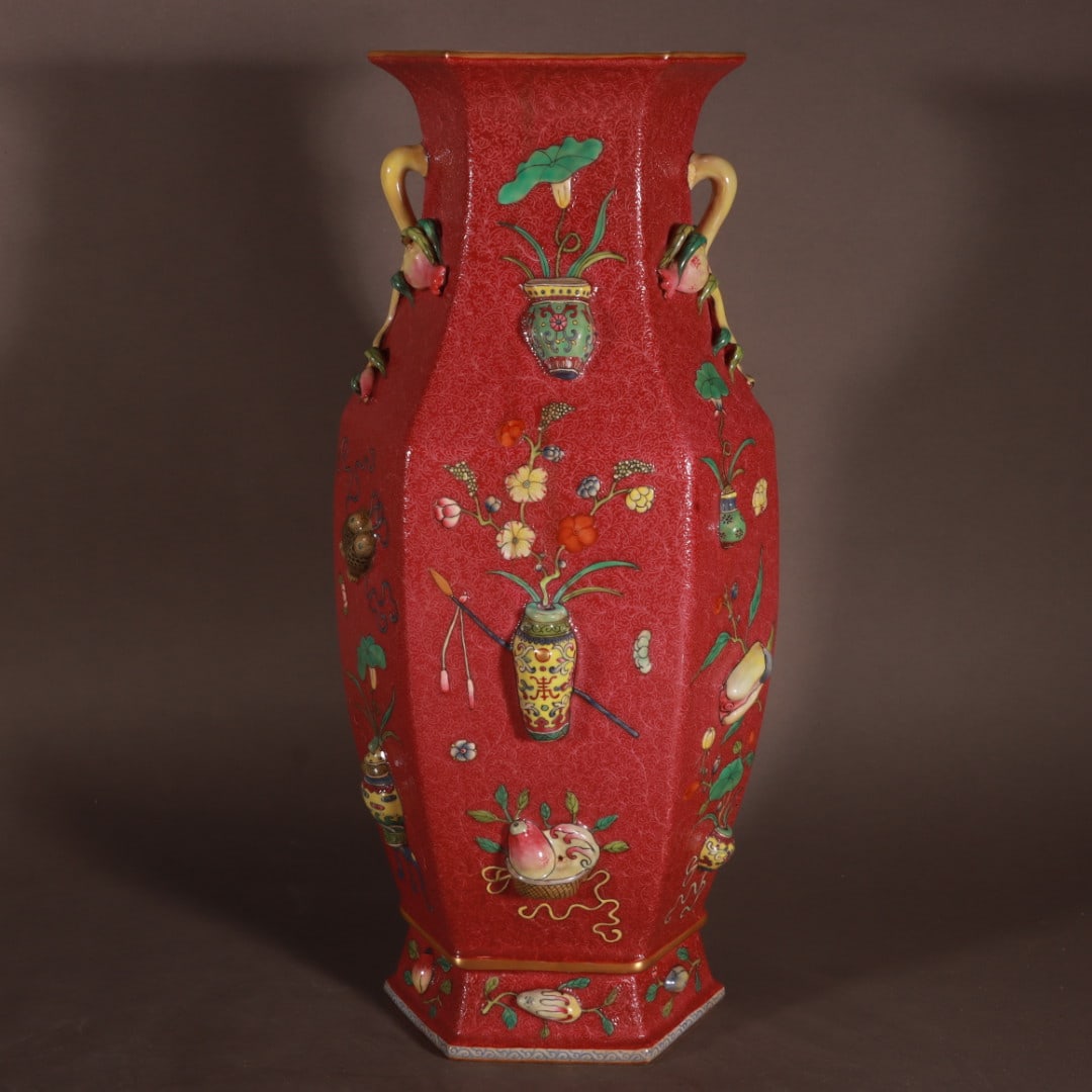 A Exquisite Famille-Rose Painted Gold Ruby Red-Glazed Bogu Pattern Vase: A Exquisite Famille-Rose Painted Gold Ruby Red-Glazed Bogu Pattern Vase,Qing Dynasty, China,Qianlong Six-character Mark,Size:16.1inx5.9inx5.9in 粉彩描金胭脂红