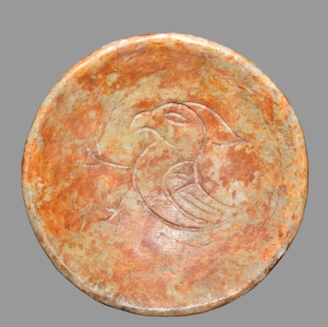 A Exquisite Hemoyu Bird Pattern Plate: A Exquisite Hemoyu Bird Pattern Plate,Ancient Time, China,Size:5.5in,Weight:390g 河磨玉鸟纹盘,远古时期