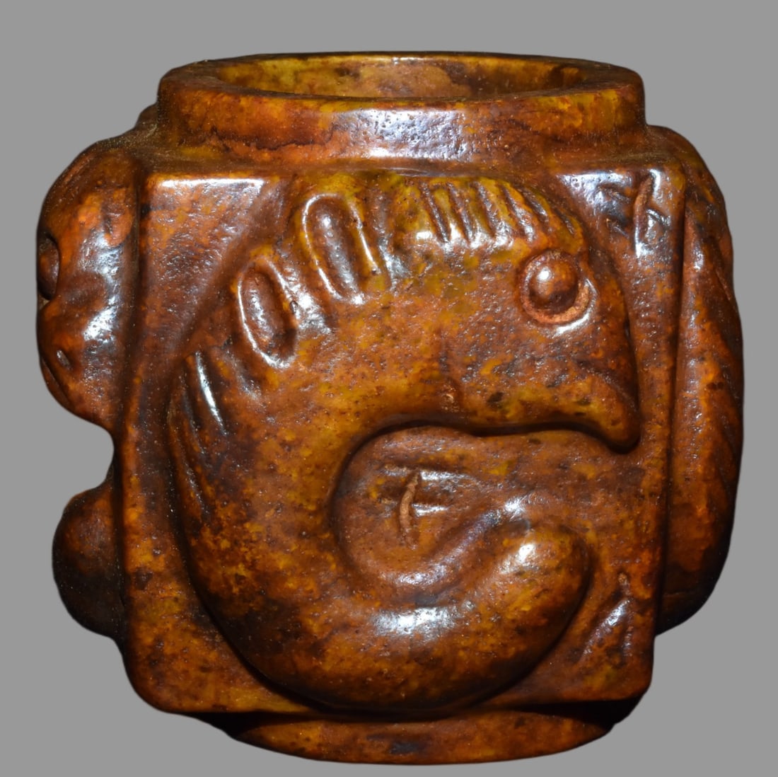A Exquisite Hemoyu Handheld Carving: A Exquisite Hemoyu Handheld Carving,Ancient Time, China,Size:4.9inx5.4in,Weight:2420g 河磨玉手把件,远古时期