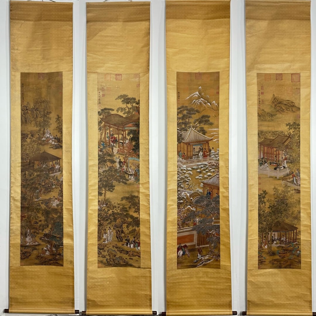 A Set of Chinese Vertical Scroll Ink Paintings of Landscape on Paper: A Set of Chinese Vertical Scroll Ink Paintings of Landscape on Paper,Qing Time of China,Yao Wenhan,withoutframesize:74inx16.5in 一套中国水墨纸本山