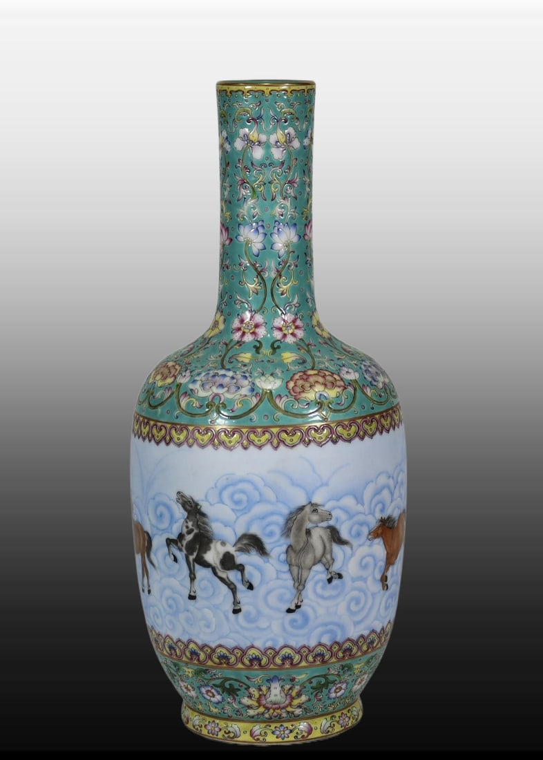 A Exquisite Turquoise Blue Ground Horse Pattern Vase: A Exquisite Turquoise Blue Ground Horse Pattern Vase,Qing Dynasty, China,Qianlong Six-character Mark,Size:15inx2.3in
