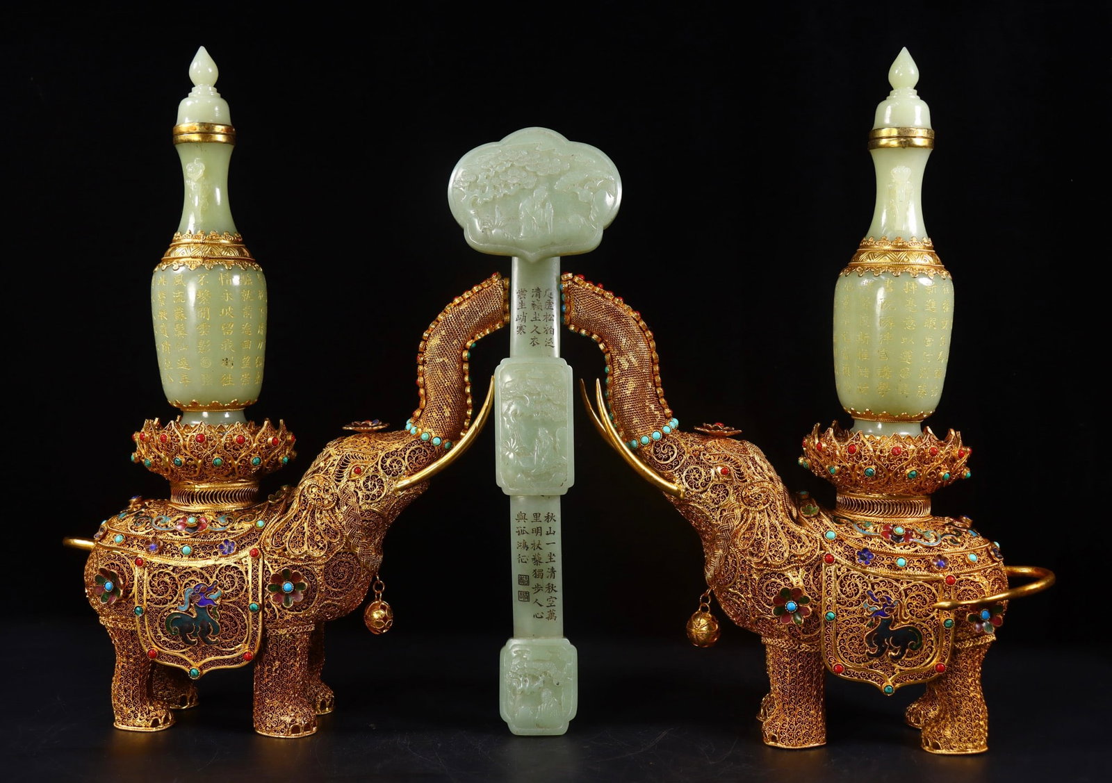 A pair of Exquisite Filigree Gilt Inlaid Hotan Jade Elephant Vase: A pair of Exquisite Filigree Gilt Inlaid Hotan Jade Elephant Vase,Qing Dynasty, China,Qianlong Four-character Mark,Size:12.6inx8.5inx3.3in,1.8inx10.8inx3.1in,Weight:2200g