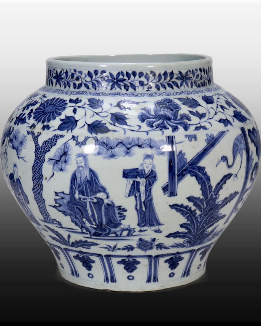 A Exquisite Blue and White Character and Story Pattern Jar: A Exquisite Blue and White Character and Story Pattern Jar,Yuan Dynasty, China,Size:11.4inx8.5in 青花人物故事纹罐,中国元代