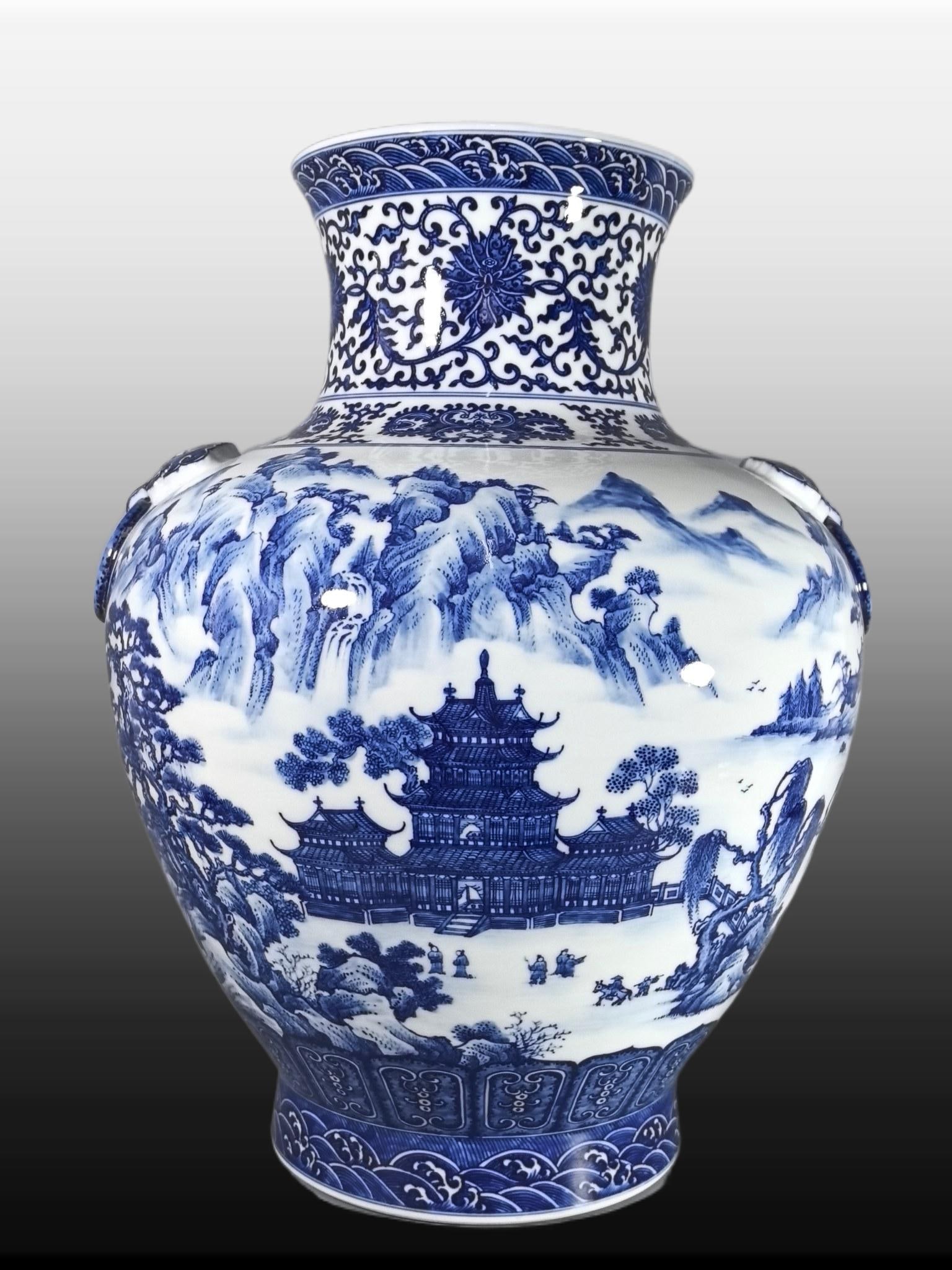 A Exquisite Blue and White Landscape Pattern Vase: A Exquisite Blue and White Landscape Pattern Vase,Qing Dynasty, China,Qianlong Six-character Mark,Size:20.5inx8.2inx15.2inx8.8in