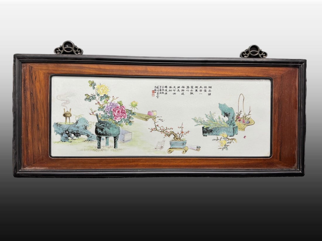 A Exquisite Famille-Rose Flower Pattern Porcelain Plate: A Exquisite Famille-Rose Flower Pattern Porcelain Plate,Republic of China,Size:15.7inx38.6in 粉彩花卉纹瓷板画,民国