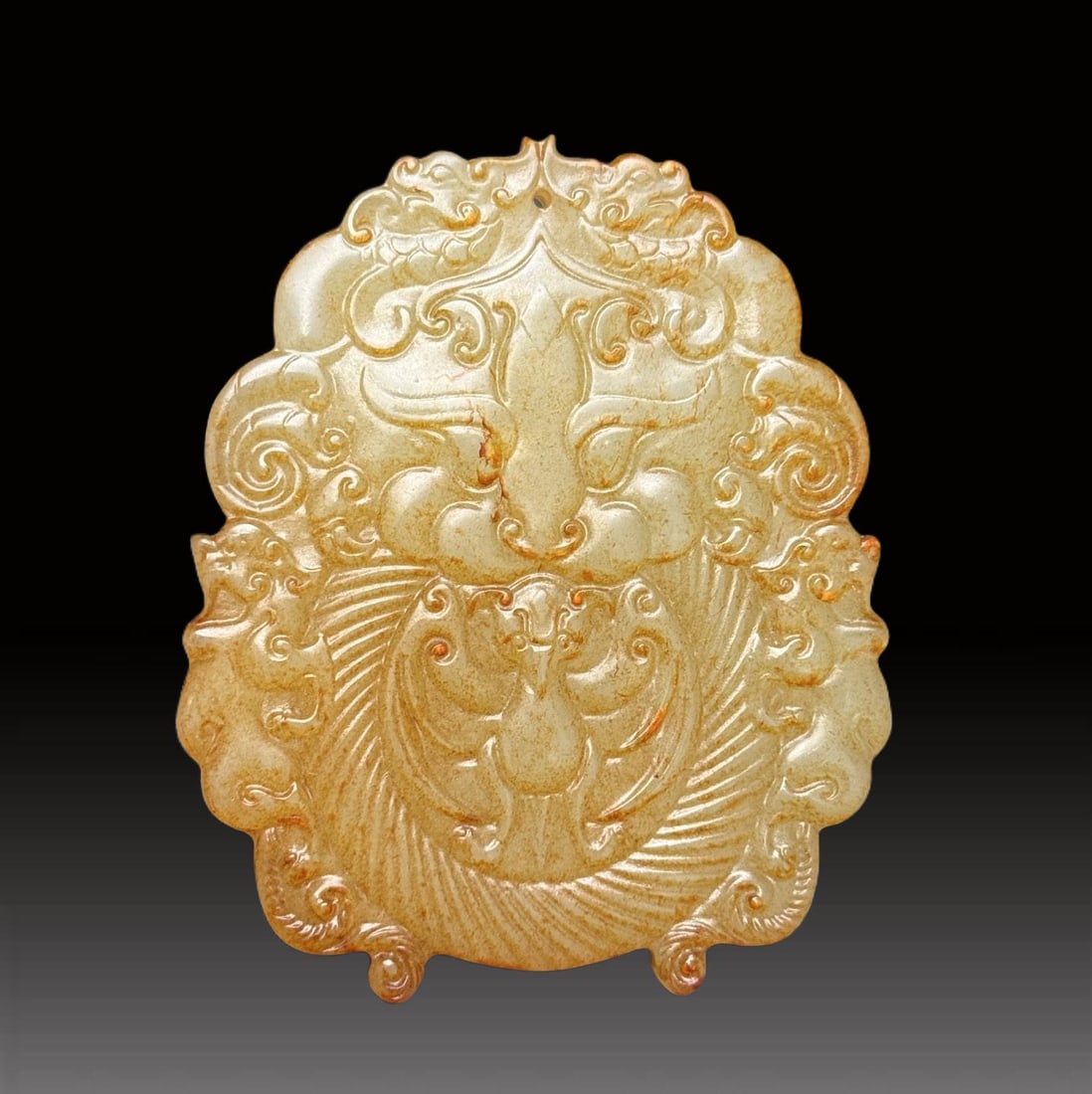 A Exquisite Hotan Jade Beast-Face Pattern Jade Pendant: A Exquisite Hotan Jade Beast-Face Pattern Jade Pendant,Han Dynasty, China,Size:2.7inx3.3inx0.4in,Weight:94g 和田玉兽面纹玉佩,中国汉