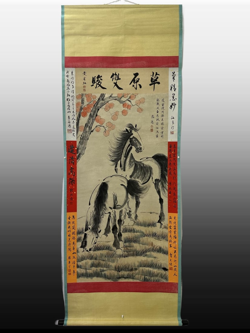 A Chinese Vertical Scroll Ink Painting of Horse on Paper: A Chinese Vertical Scroll Ink Painting of Horse on Paper,Modern Time of China,Xu Beihong,without frame size:59.1inx31.5in 一幅中国水墨纸本马ஹ