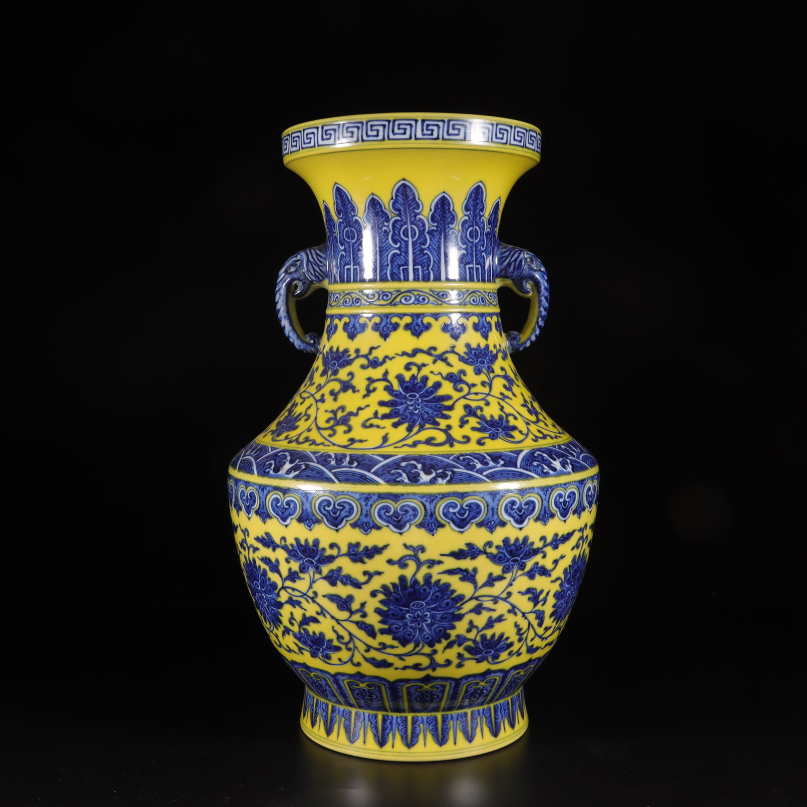 A Exquisite Lemon Yellow Glazed Blue and White Lotus Pattern Double-Ears Vase (1 of 9)