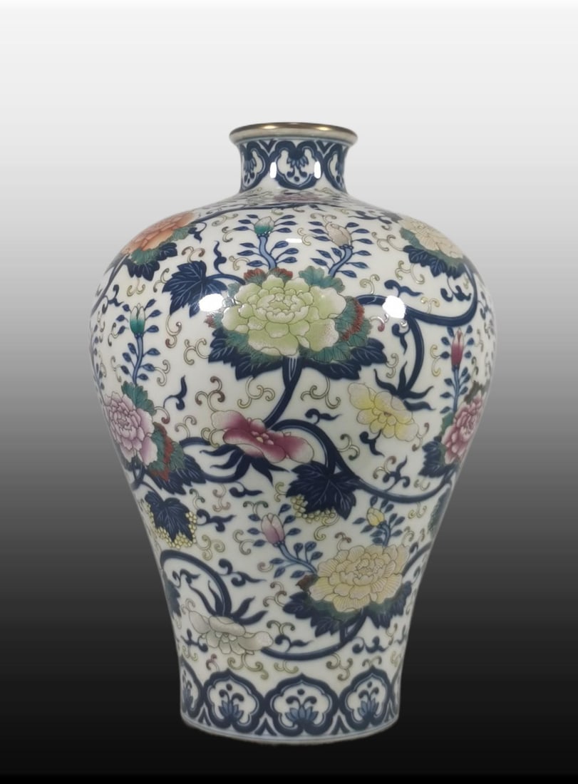 A Exquisite Blue and White Famille-Rose Lotus Pattern Vase: A Exquisite Blue and White Famille-Rose Lotus Pattern Vase,Qing Dynasty, China,Qianlong Six-character Mark,Size:13inx2.8inx9.4inx4.5in