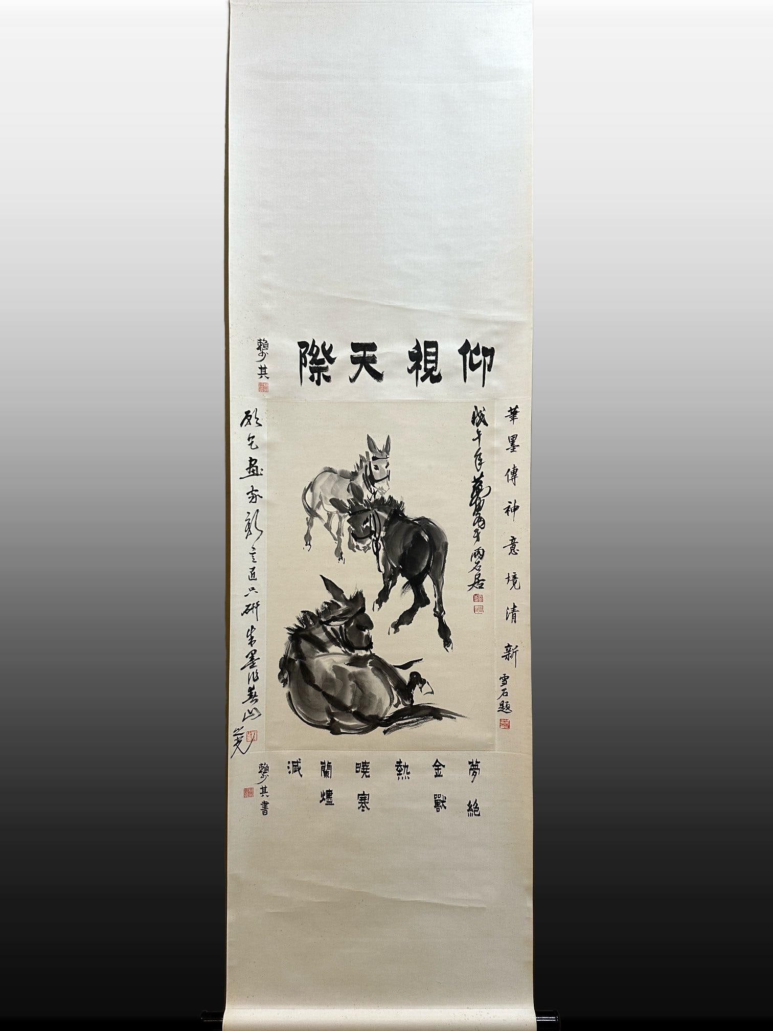 A Chinese Vertical Scroll Ink Donkey Painting on Paper: A Chinese Vertical Scroll Ink Donkey Painting on Paper,Modern Time of China,Huang Zhou,without frame size:17.7inx27.2in