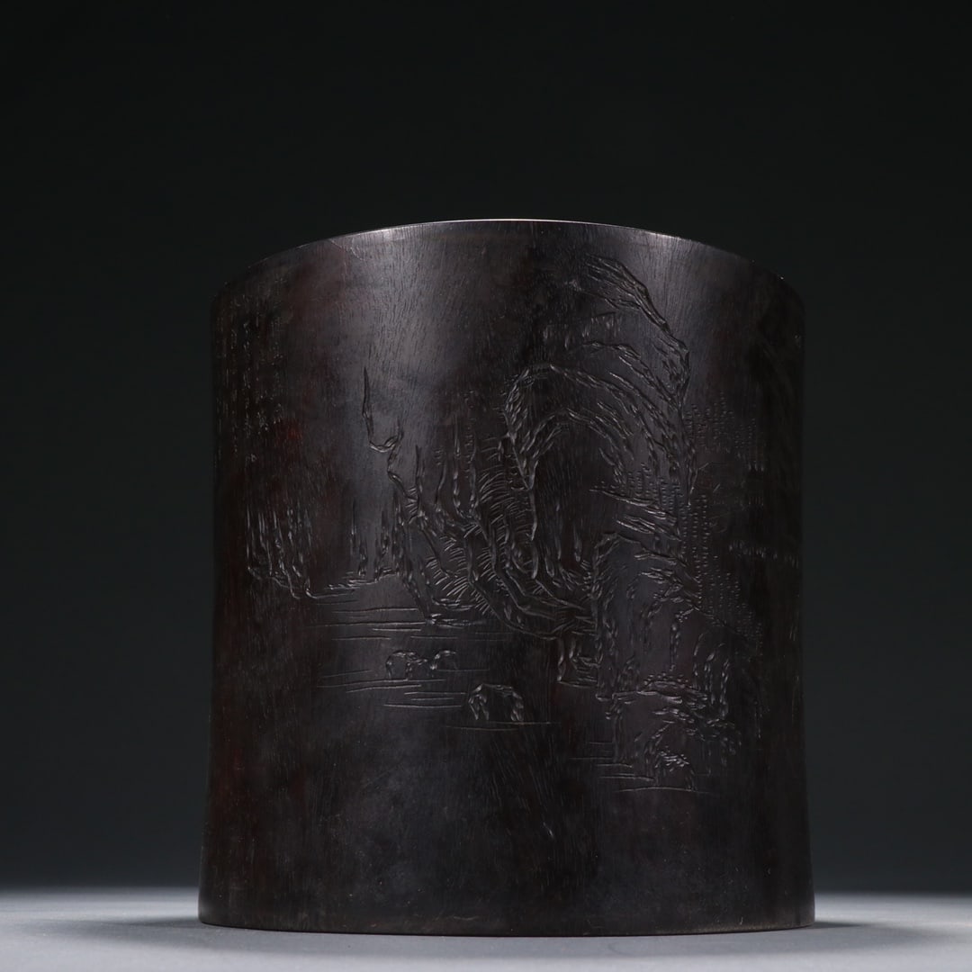 A Exquisite Zitanwood Carved Landscape Pattern Brush Pot: A Exquisite Zitanwood Carved Landscape Pattern Brush Pot,Qing Dynasty, China,Size:7.8inx7.8in 紫檀木刻山水纹笔筒,中国清代