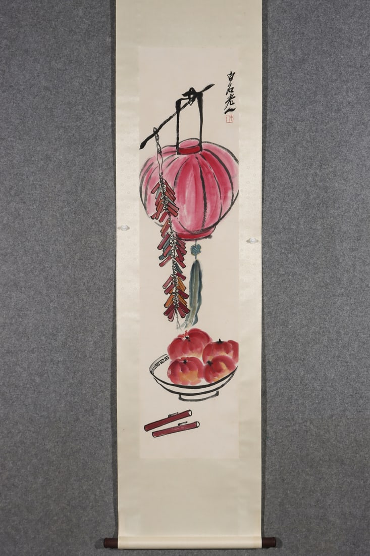 A Chinese Vertical Scroll Ink Painting of Flower and Fruit on Paper: A Chinese Vertical Scroll Ink Painting of Flower and Fruit on Paper,Modern Time of China,Qi Baishi,without frame size:54.3inx13in