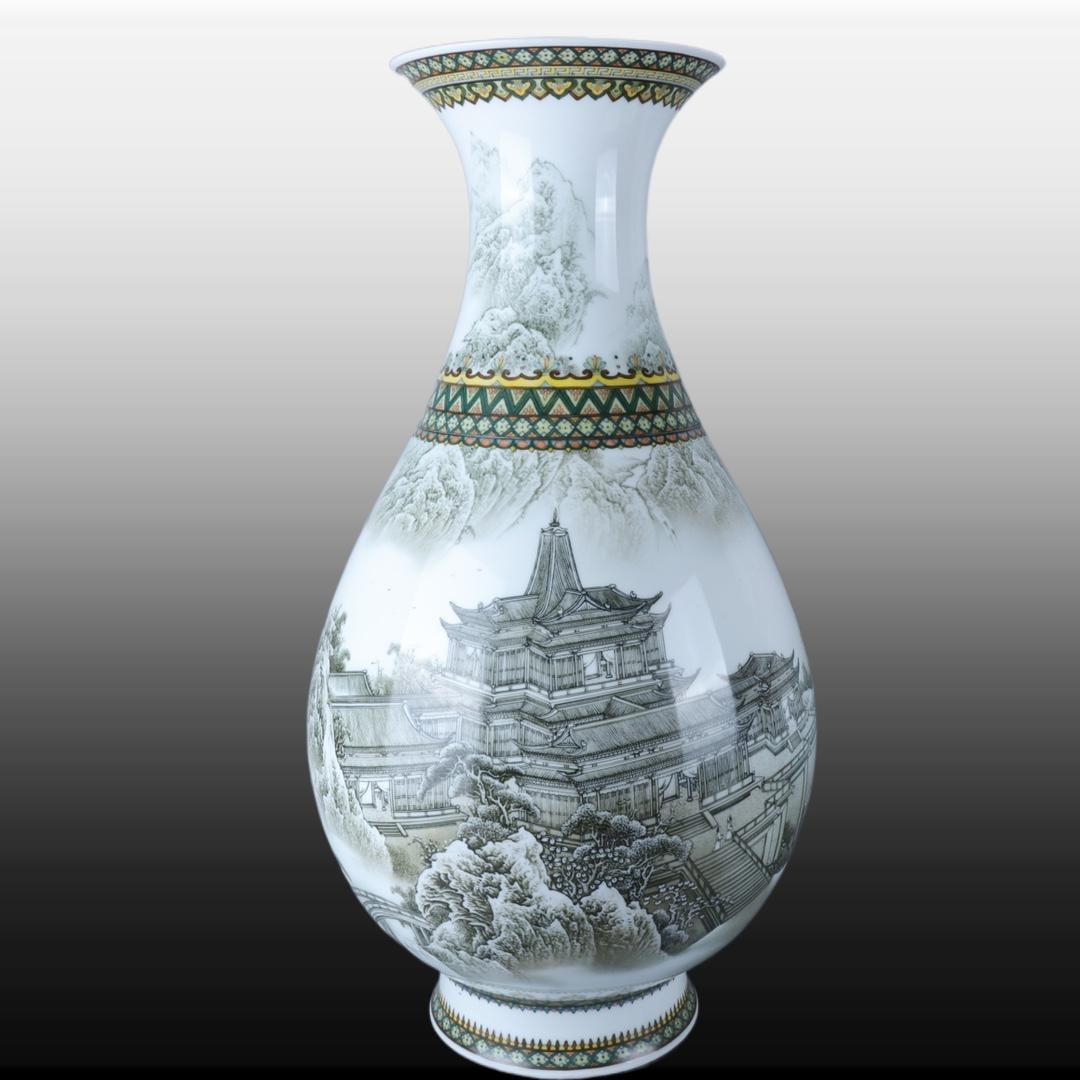 A Exquisite Ink Color Landscape Figures Pattern Vase: A Exquisite Ink Color Landscape Figures Pattern Vase,Republic of China,With Mar,Size:25.6inx8.3inx7.5in