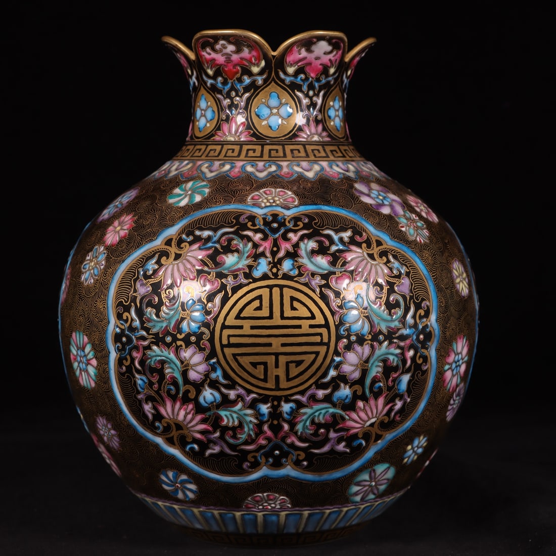 Black Ground Painted Gold Pomegranate Pattern Vase: Black Ground Painted Gold Pomegranate Pattern Vase,Qing Dynasty, China,Qianlong Six-character Mark,Size:7.1inx5.9inx2.8in