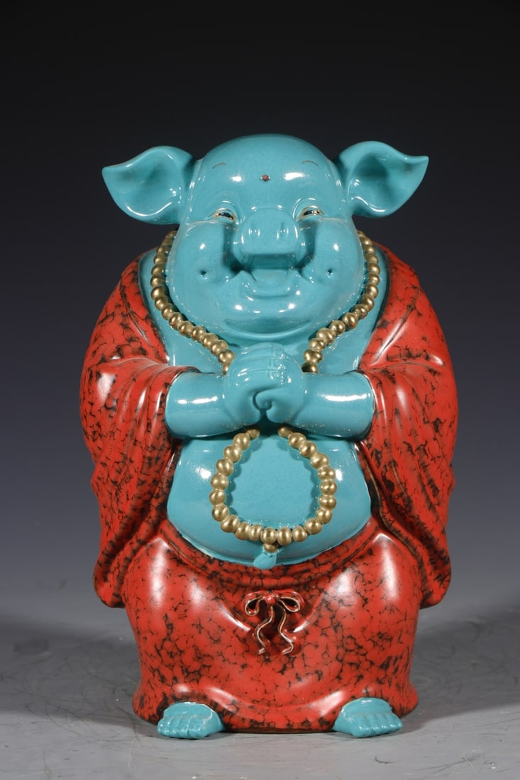 A Exquisite Turquoise-Glazed Ground Iron-Red Painted Gold Pig Ornament: A Exquisite Turquoise-Glazed Ground Iron-Red Painted Gold Pig Ornament,Qing Dynasty, China,Yongzheng Four-character Mark,Size:9.8inx6.3inx4.9in