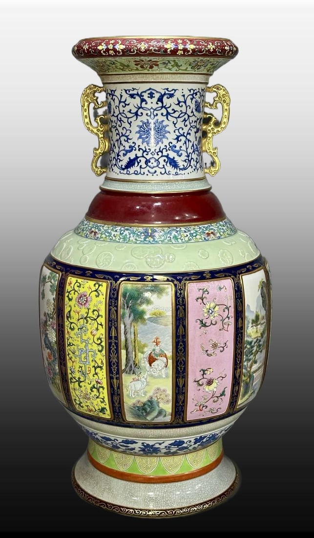 A Exquisite Enamel Painted Gold Famille-Rose Elephant-Ears Double-Ears Vase: A Exquisite Enamel Painted Gold Famille-Rose Elephant-Ears Double-Ears Vase,Qing Dynasty, China,Qianlong Six-character Mark,Size:34.6inx10.6in