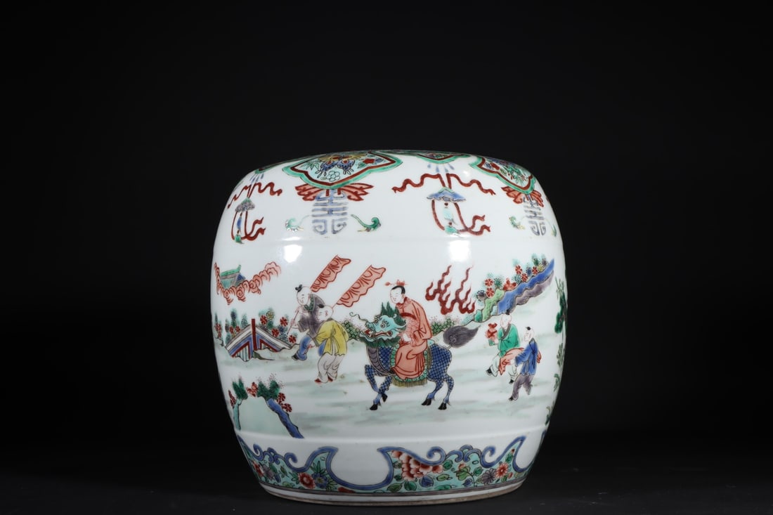 A Exquisite Wucai Figures Pattern Stool: A Exquisite Wucai Figures Pattern Stool,Qing Dynasty, China,Size:8.7inx9.4in 五彩人物纹绣墩,中国清代