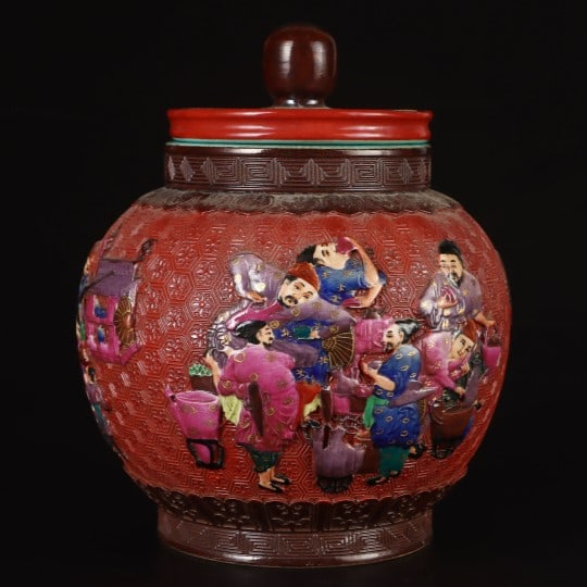 A Exquisite Famille-Rose Character and Story Pattern Jar: A Exquisite Famille-Rose Character and Story Pattern Jar,Qing Dynasty, China,Qianlong Six-character Mark,Size:6.4inx5.8in