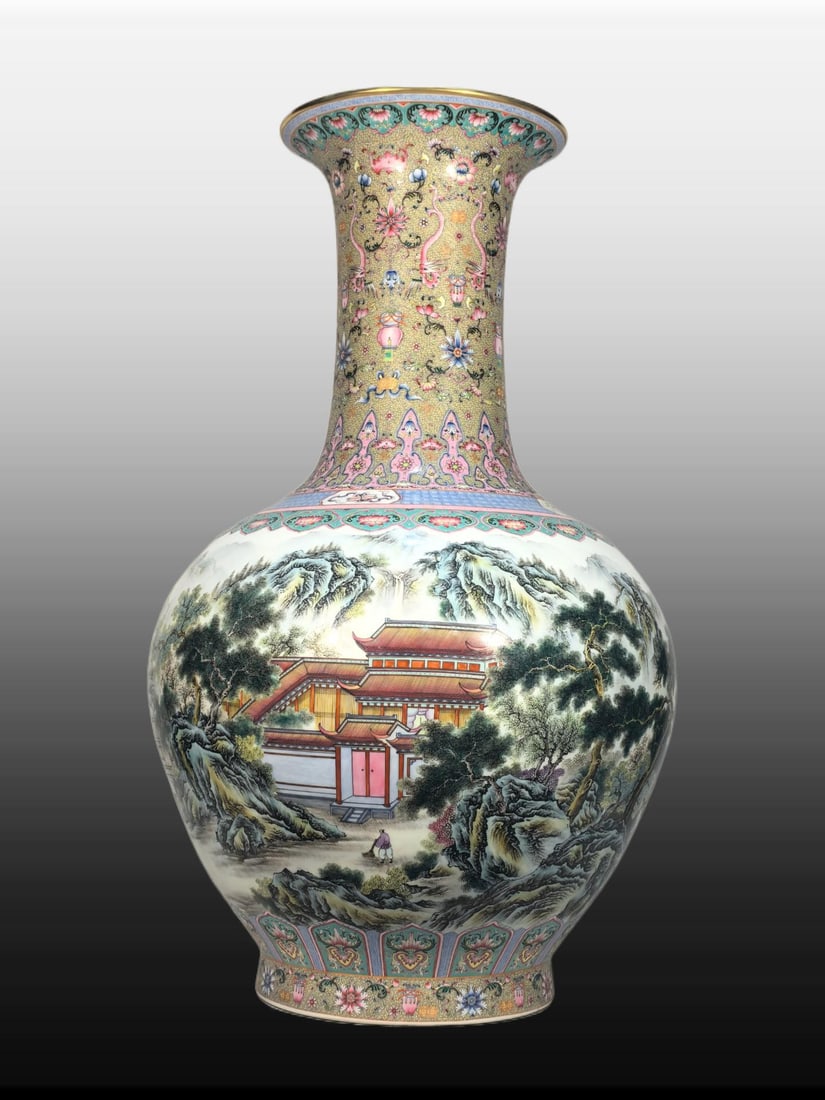 A Exquisite Enamel Landscape Pattern Vase: A Exquisite Enamel Landscape Pattern Vase,Qing Dynasty, China,Qianlong Four-character Mark,Size:32.3inx10.6inx18.5inx10.6in
