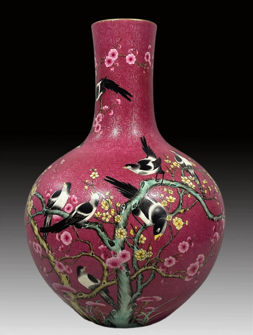 A Exquisite Ruby Red Glazed Flower and Bird Pattern Vase: A Exquisite Ruby Red Glazed Flower and Bird Pattern Vase,Qing Dynasty, China,Size:22inx15in 胭脂红釉花鸟纹瓶,中国清代