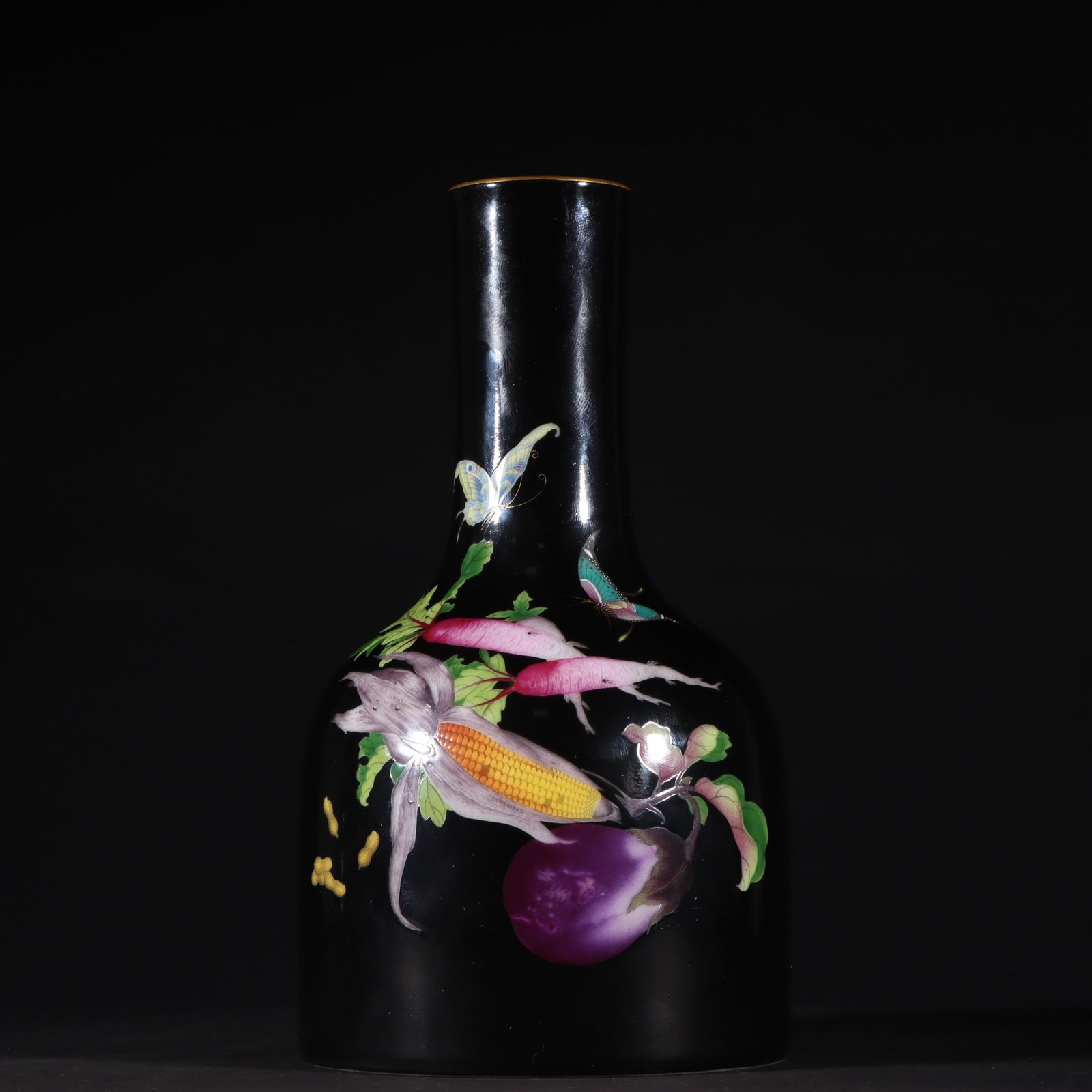 A Exquisite Enamel Black Gold Glazed Flower and Fruit Pattern Vase: A Exquisite Enamel Black Gold Glazed Flower and Fruit Pattern Vase,Qing Dynasty, China,Yongzheng Four-character Mark,Size:7.2inx3.9in