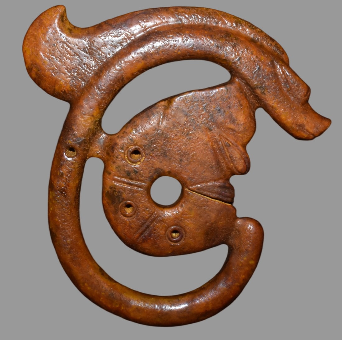 A Exquisite Hemoyu Dragon: A Exquisite Hemoyu Dragon,Ancient Time, China,Size:11inx9.6in,Weight:1590g 河磨玉龙,远古时期