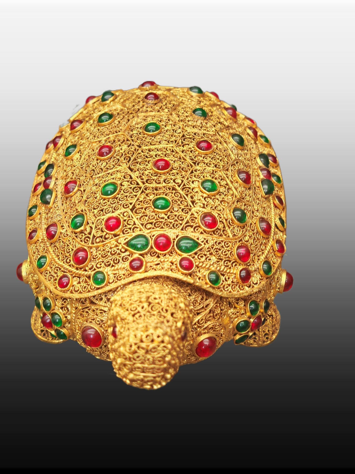 A Exquisite Filigree Gilt Inlaid Gems Tortoise Ornament: A Exquisite Filigree Gilt Inlaid Gems Tortoise Ornament,Qing Dynasty, China,Qianlong Four-character Mark,Size:3.1inx6.9in