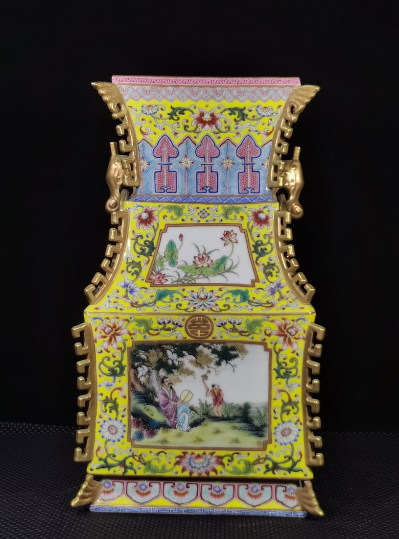 A Exquisite Enamel Yellow Ground Flower and Bird Pattern Vase: A Exquisite Enamel Yellow Ground Flower and Bird Pattern Vase,Qing Dynasty, China,Qianlong Four-character Mark,Size:16.5inx9.1in