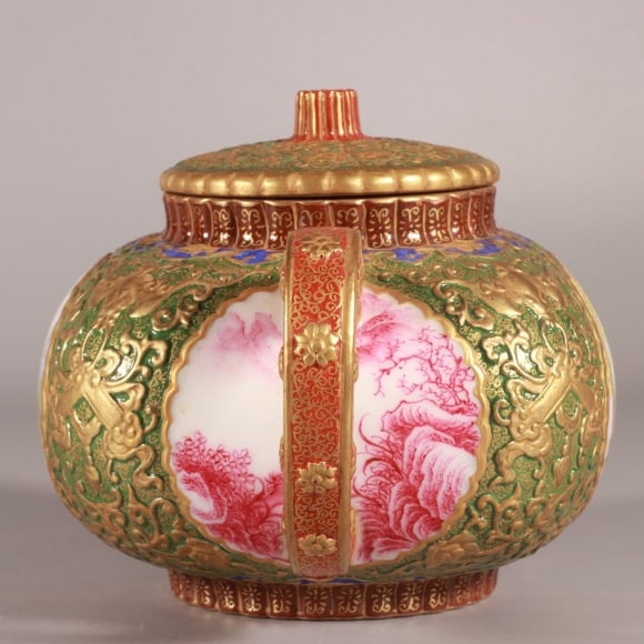 A Exquisite Enamel Green Ground Figures Pattern Teapot - 7