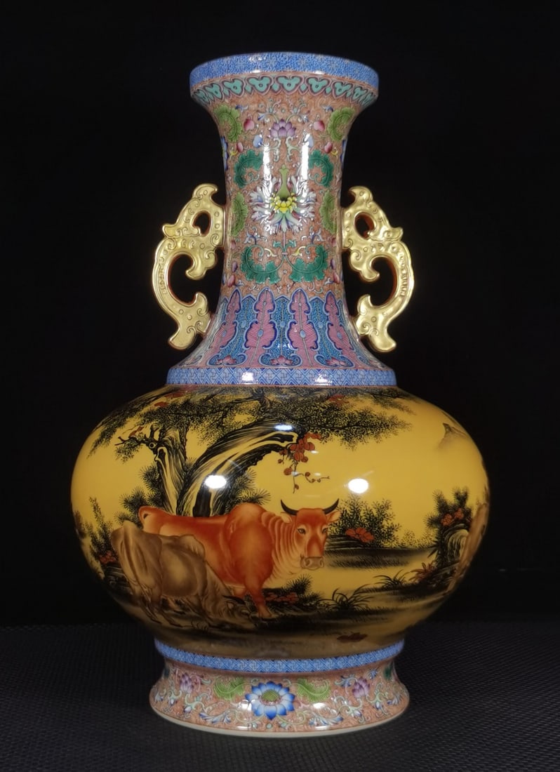 A Exquisite Enamel Buffalo Pattern Double-Ears Vase: A Exquisite Enamel Buffalo Pattern Double-Ears Vase,Qing Dynasty, China,Qianlong Six-character Mark,Size:18.5inx11.8inx5.5inx7.5in