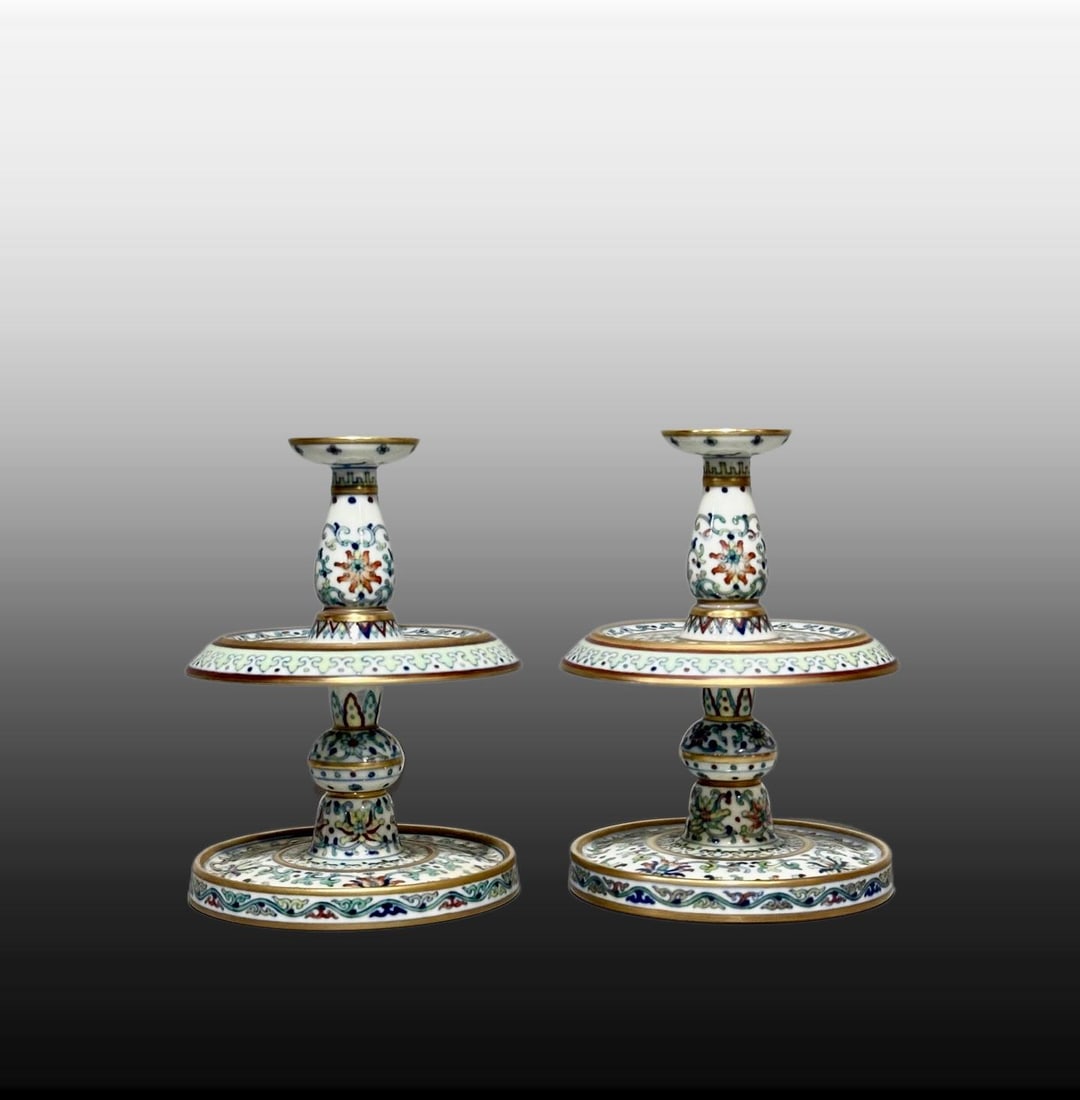 A pair of Exquisite Blue and White Doucai Candlestick: A pair of Exquisite Blue and White Doucai Candlestick,Qing Dynasty, China,Qianlong Four-character Mark,Size:6.8inx5.1inx4.9in