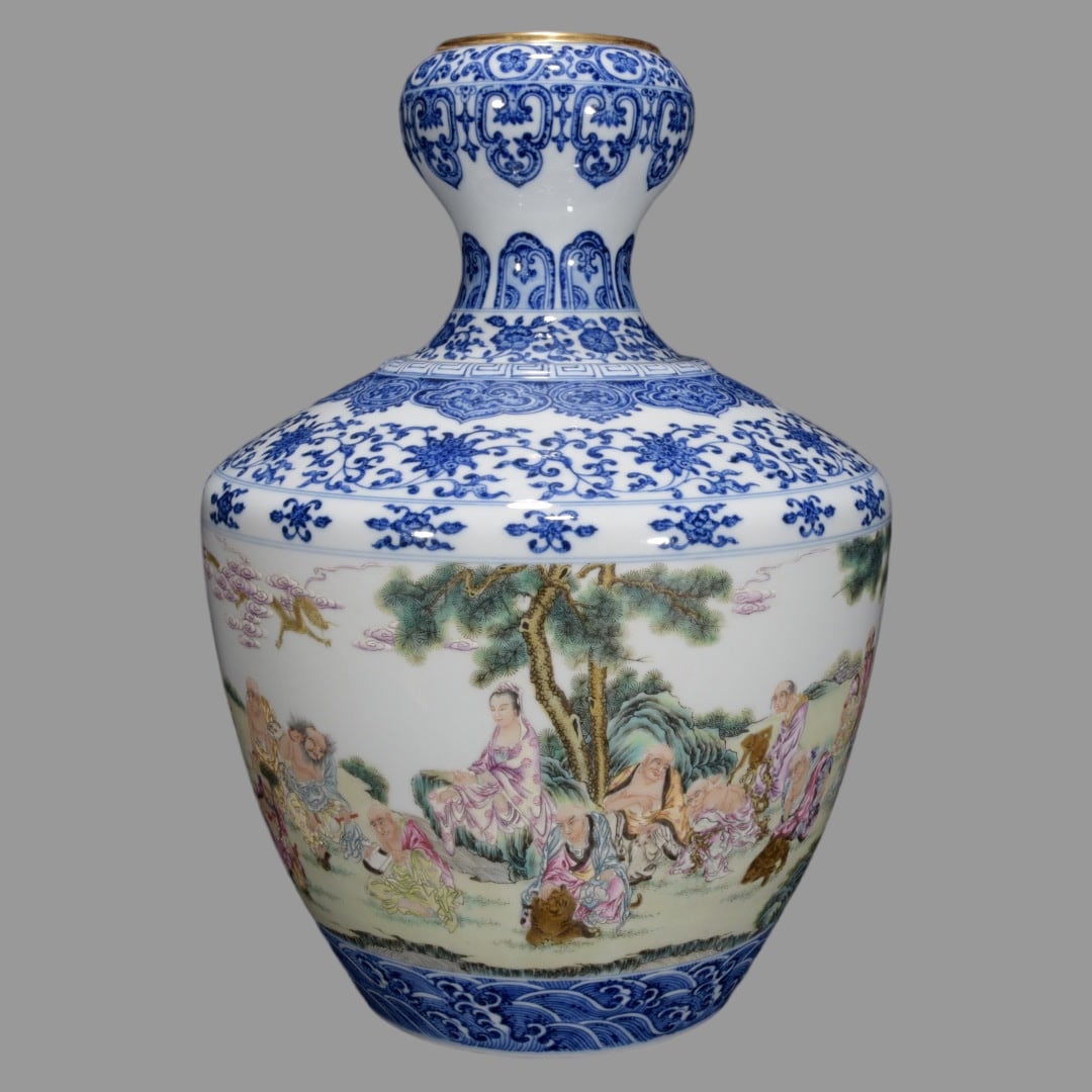 A Exquisite Blue and White Famille-Rose Arhat Vase: A Exquisite Blue and White Famille-Rose Arhat Vase,Qing Dynasty, China,Qianlong Six-character Mark,Size:15inx10.6in