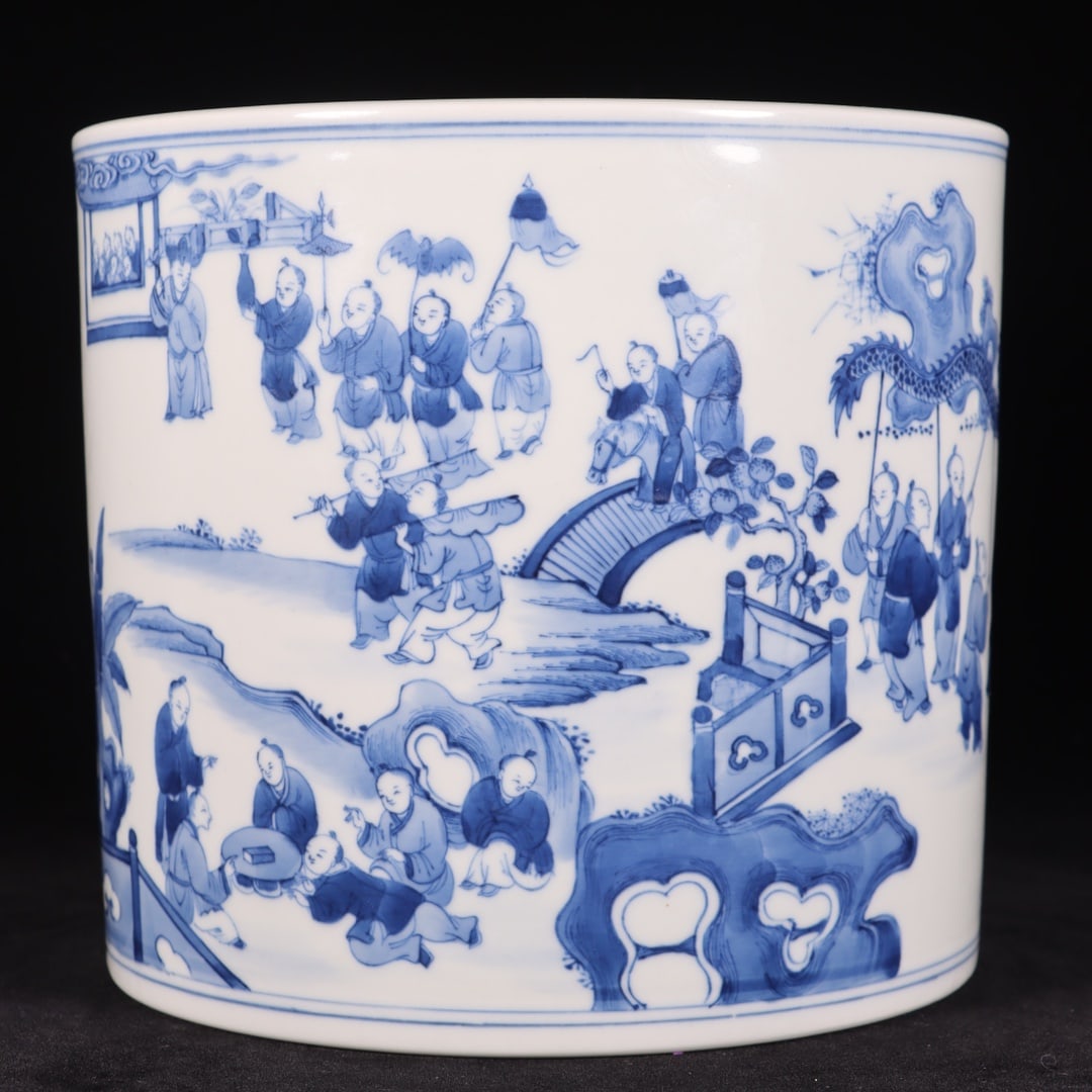 Blue and White Flower and Bird Pattern Brush Pot - 4