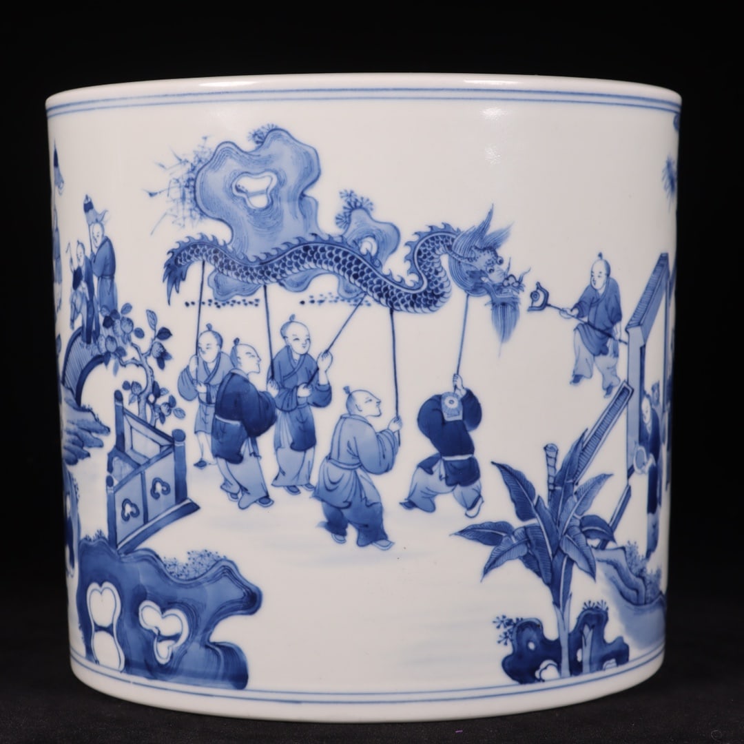 Blue and White Flower and Bird Pattern Brush Pot - 5