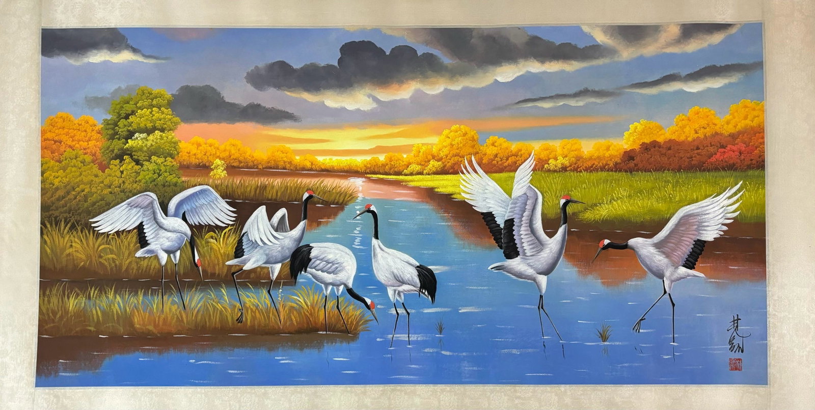 An Fabulous Chinese Ink Flower and Bird By Paper: An Fabulous Chinese Ink Flower and Bird By Paper Lin fengmian Without frame Size:53.1inx26.6in林风眠群鹤图 纸本Without frame Size:135cmx67.5cm